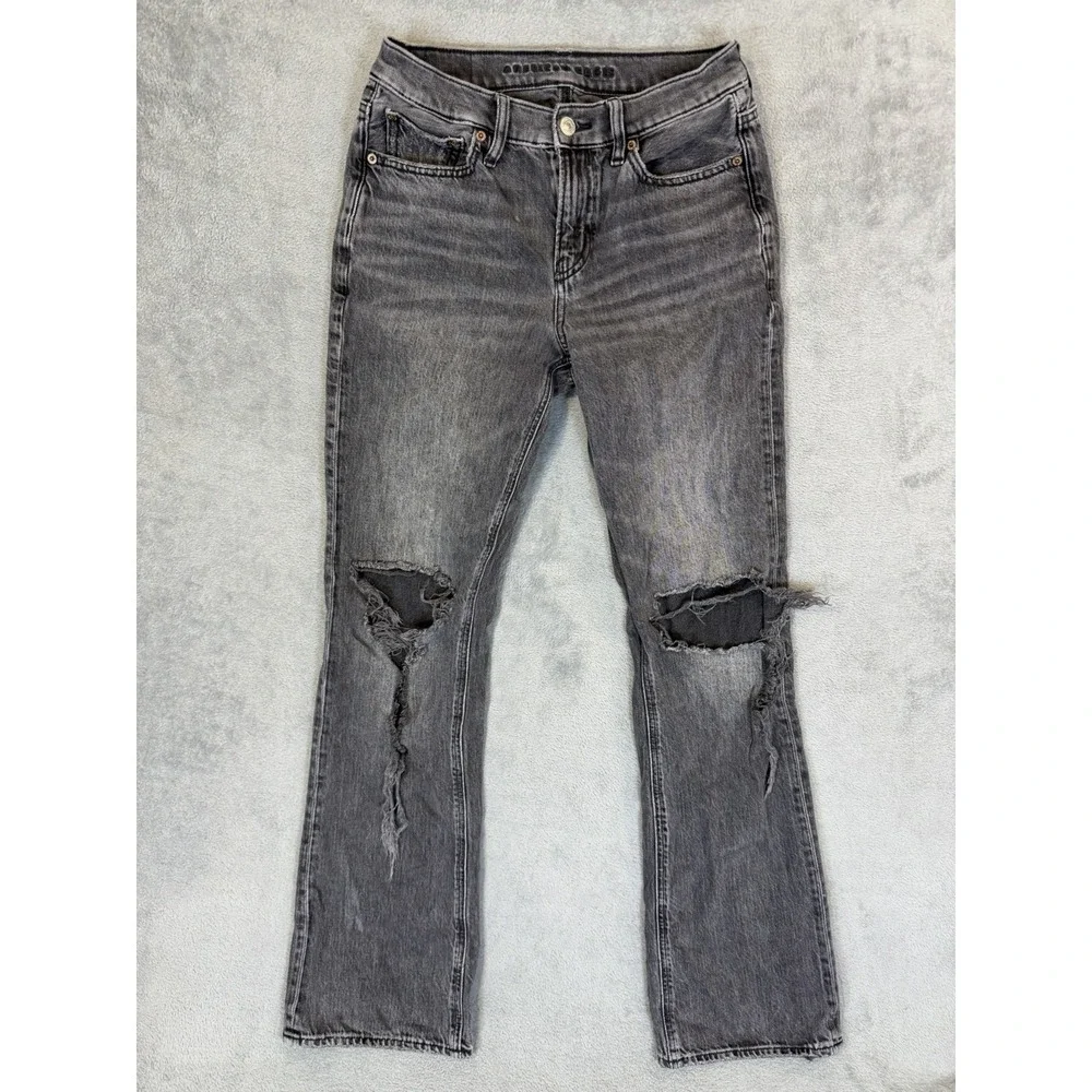 American Eagle Jeans Womens 0 Black Denim Faded 90s Bootcut High Rise Distressed